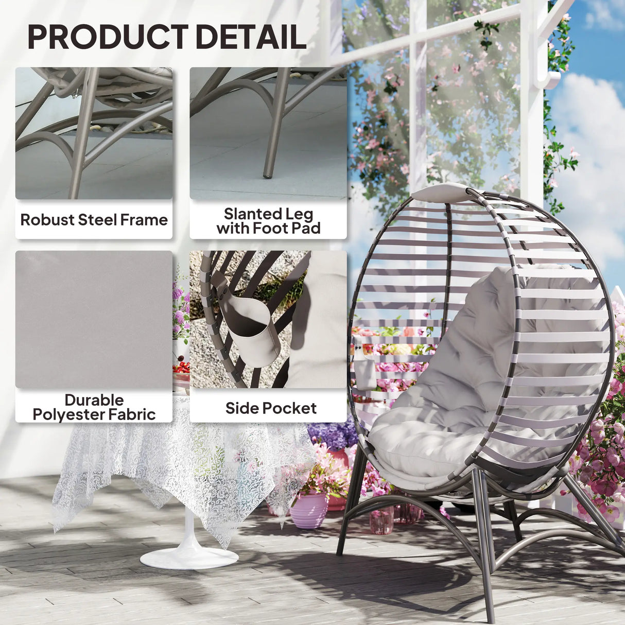 Outsunny Egg Chair with Cushion & Side Pocket - Light Grey