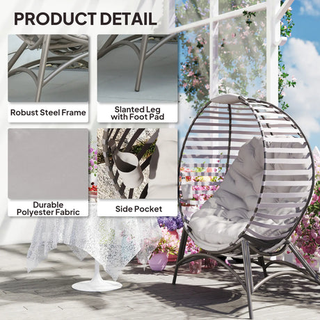 Outsunny Egg Chair with Cushion & Side Pocket - Light Grey