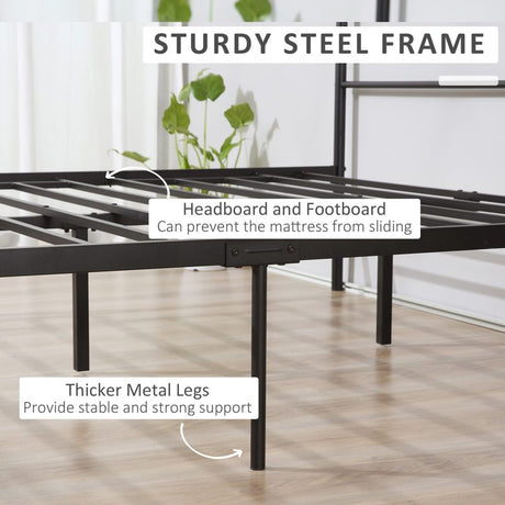 HOMCOM Double Metal Bed Frame Solid Bedstead Base with Headboard and Footboard, Metal Slat Support and Underbed Storage Space, Bedroom Furniture, Black