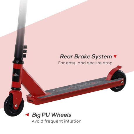 HOMCOM Street Stunt Scooter Intermediate and Beginner Freestyle Tricks Scooters For 14+ Teens Adult w/ Rear φ10cm Wheel & Brake - Red