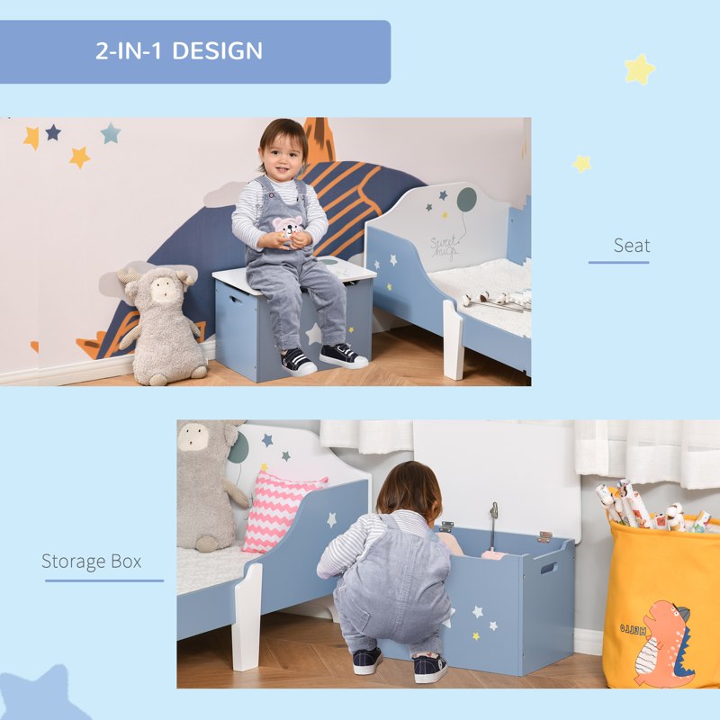 HOMCOM Kids Wooden Toy Box Children Storage Chest Organiser Side Handle Safety Hinge Play Room Furniture Blue