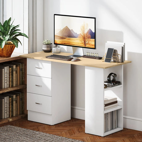 HOMCOM Computer Desk, Writing Table, PC Workstation with 3 Storage Shelves and Drawers, Silver Handle, for Home Office, Natural Wood Finish and White