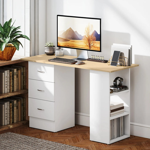HOMCOM Computer Desk, Writing Table, PC Workstation with 3 Storage Shelves and Drawers, Silver Handle, for Home Office, Natural Wood Finish and White