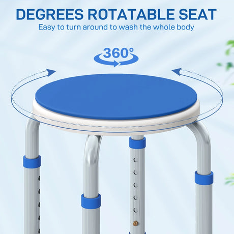 HOMCOM 360 Swivel Shower Chair, Height Adjustable Aluminium Shower Stool with Non-Slip Feet for Disabled, Elderly, Blue