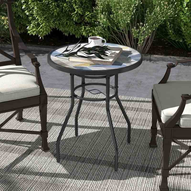 Outsunny Φ60 Garden Table, with Glass Printed Tabletop - Multicolour