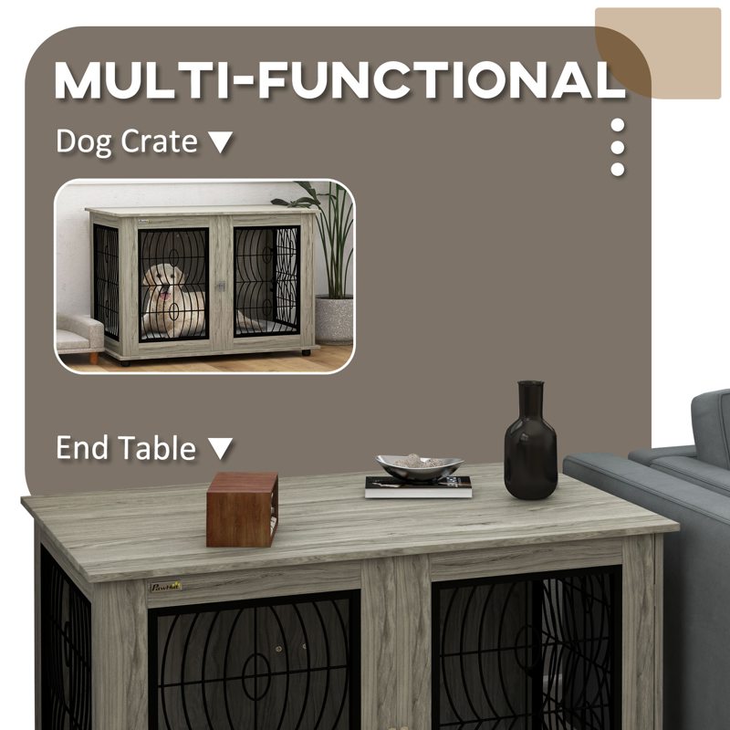 PawHut Indoor Dog Crate Furniture End Table with Soft Washable Cushion, Lockable Front Door, for Extra Large Dogs - Grey