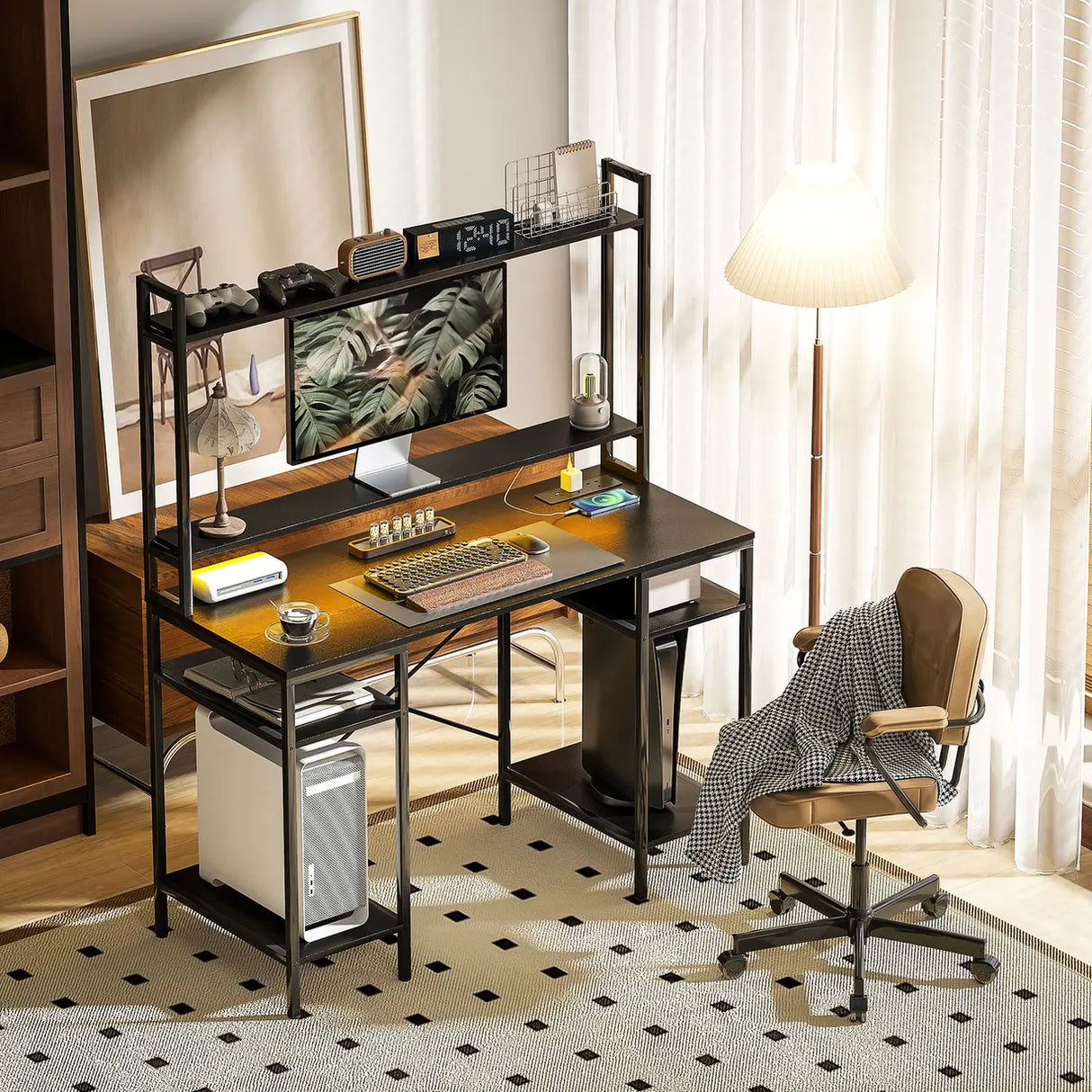 HOMCOM Computer Desk with Power Outlets and LED Lights, Home Office Desk with Monitor Stand, 2 CPU Stands and Storage Shelves, Study Table Gaming Desk with Hutch, Black