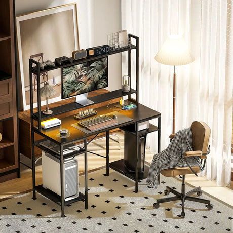 HOMCOM Computer Desk with Power Outlets and LED Lights, Home Office Desk with Monitor Stand, 2 CPU Stands and Storage Shelves, Study Table Gaming Desk with Hutch, Black