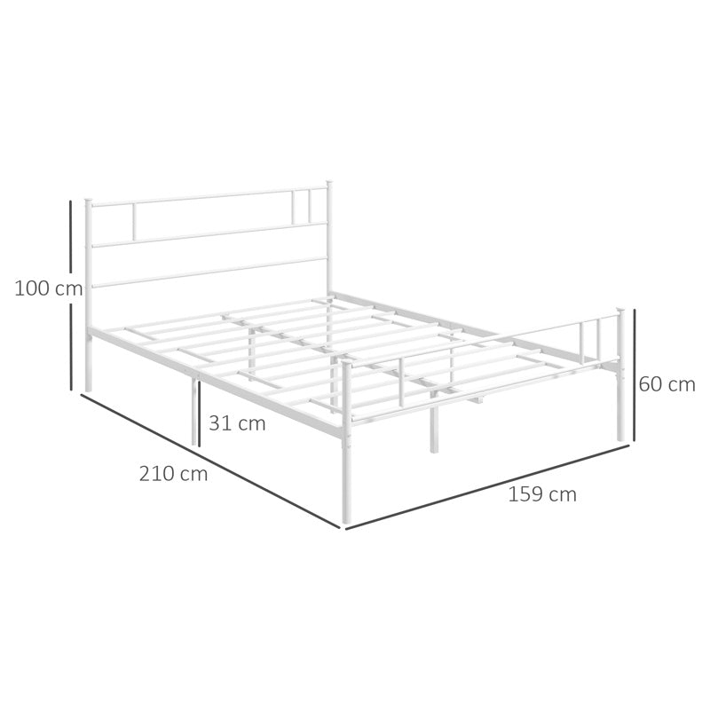 HOMCOM Double Metal Bed Frame Solid Bedstead Base with Headboard and Footboard, Metal Slat Support and Underbed Storage Space, Bedroom Furniture, White