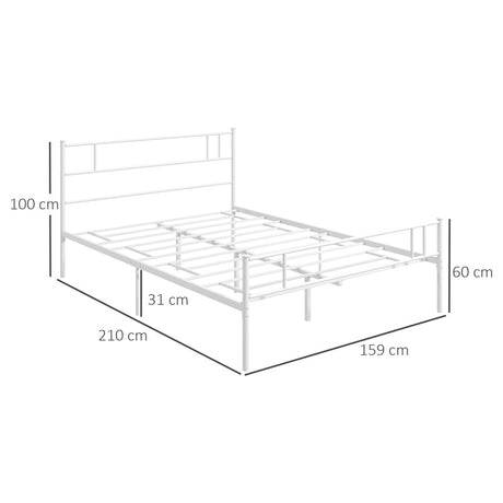 HOMCOM Double Metal Bed Frame Solid Bedstead Base with Headboard and Footboard, Metal Slat Support and Underbed Storage Space, Bedroom Furniture, White