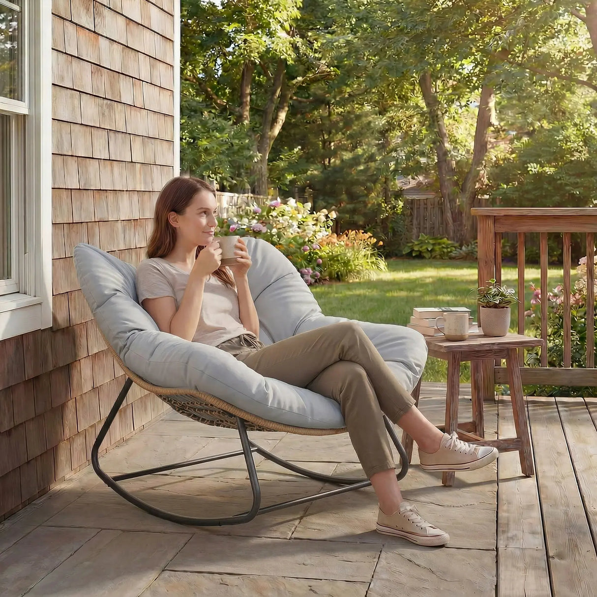 Outsunny Indoor Outdoor Rocking Chair, Oversized Rocking Egg Chair with Cushion for Living Room, Garden, Patio, Light Grey