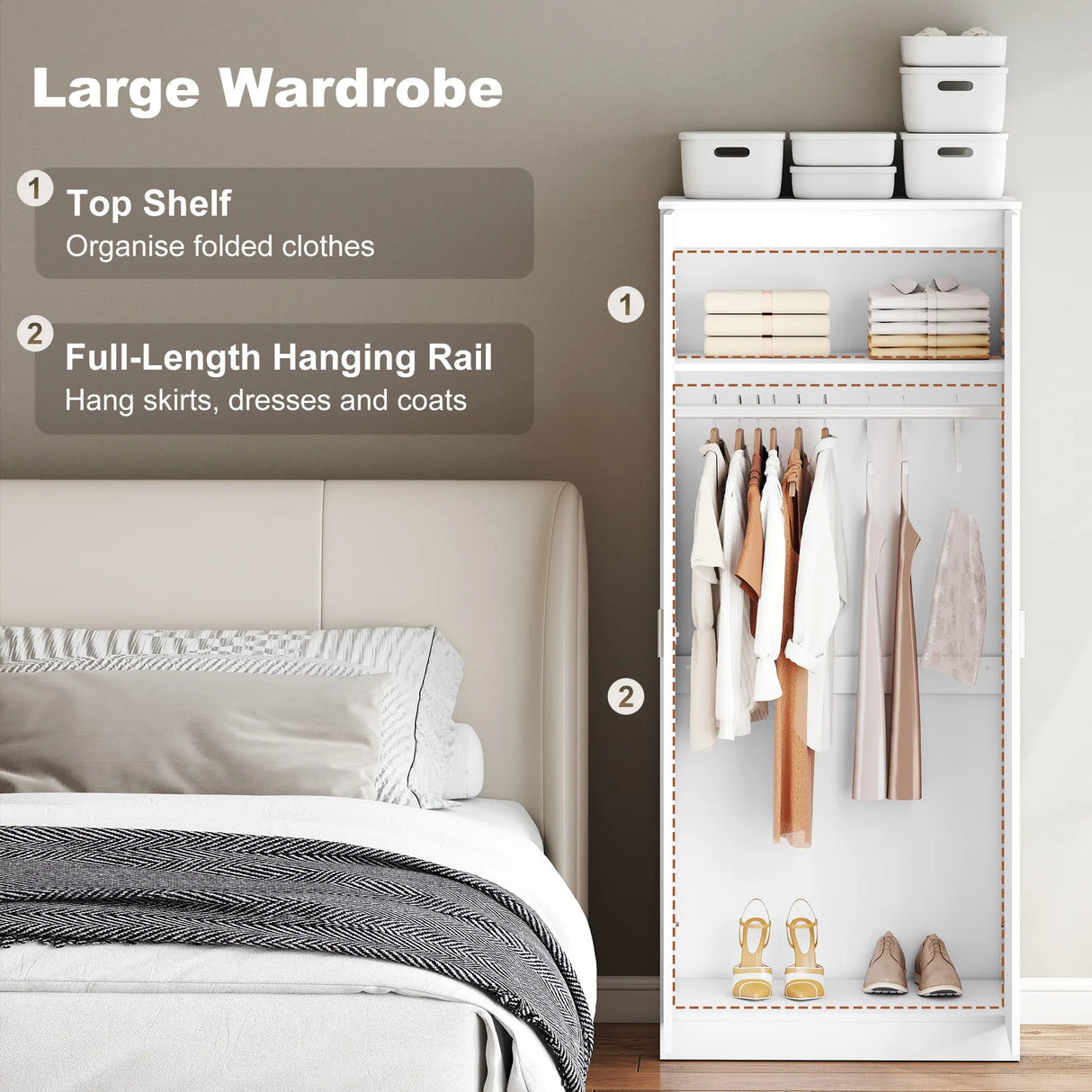 HOMCOM High Gloss 3 Piece Trio Bedroom Furniture Set Wardrobe + Chest Of Drawer + Bedside White