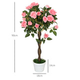 Outsunny Set of 2 Artificial Plants Pink Rose Floral in Pot, Fake Plants for Home Indoor Decor, 90cm
