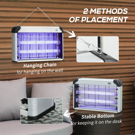 Outsunny 30W Electric Fly Zapper, Bug Zapper with UK Plug, 2 UV Bulbs, Hanging Chain, On/Off Switch and Removable Catch Tray, 60m2 Coverage Insect Mosquito Killer for Indoor and Outdoor Use, Silver