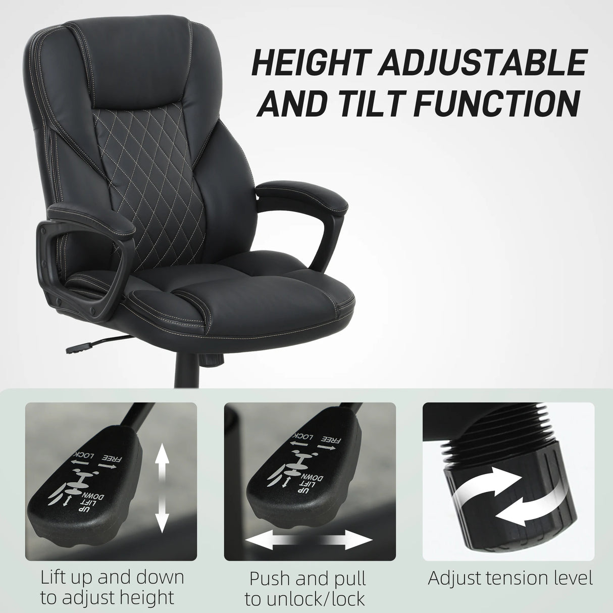 HOMCOM High Back Executive Office Chair, PU Leather Swivel Desk Chair with Tilt Function, Armrests and Adjustable Height for Home Office, Black