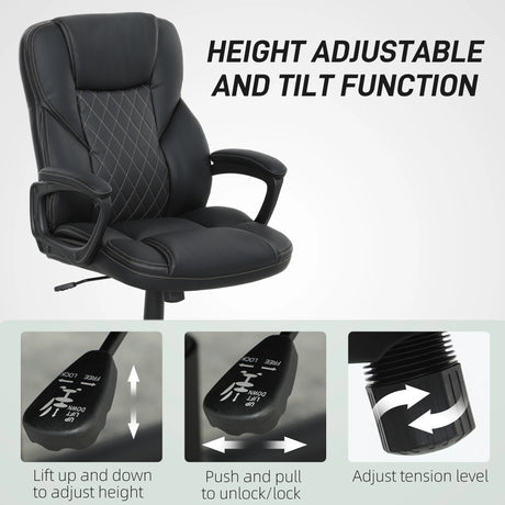 HOMCOM High Back Executive Office Chair, PU Leather Swivel Desk Chair with Tilt Function, Armrests and Adjustable Height for Home Office, Black