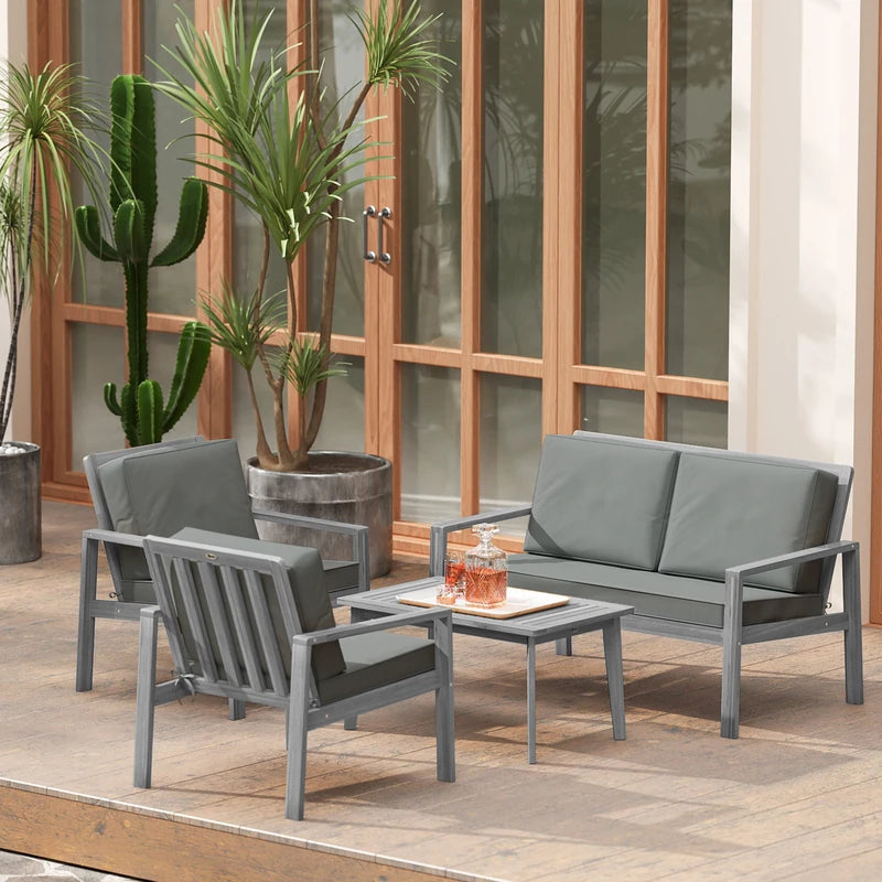 Outsunny 4-Piece Wooden Garden Furniture Set with Cushions - Light Grey