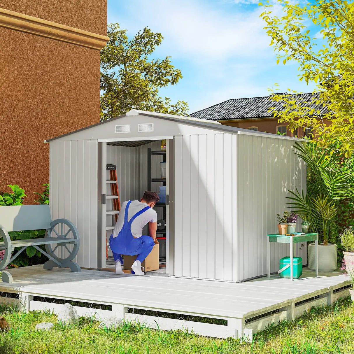 Outsunny Metal Bike Shed, Mobility Scooter Shed House with Foundation Kit, Ventilation, Doors, 9 x 6FT, Silver