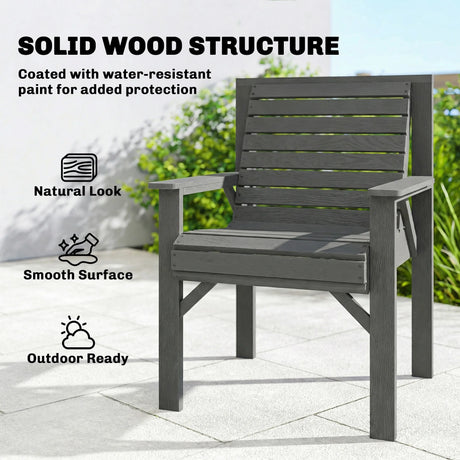 Outsunny Wooden Garden Dining Chair, Outdoor Chair Garden Armchair with Curved Seat and Wide Armrests, Grey Embossed Finish