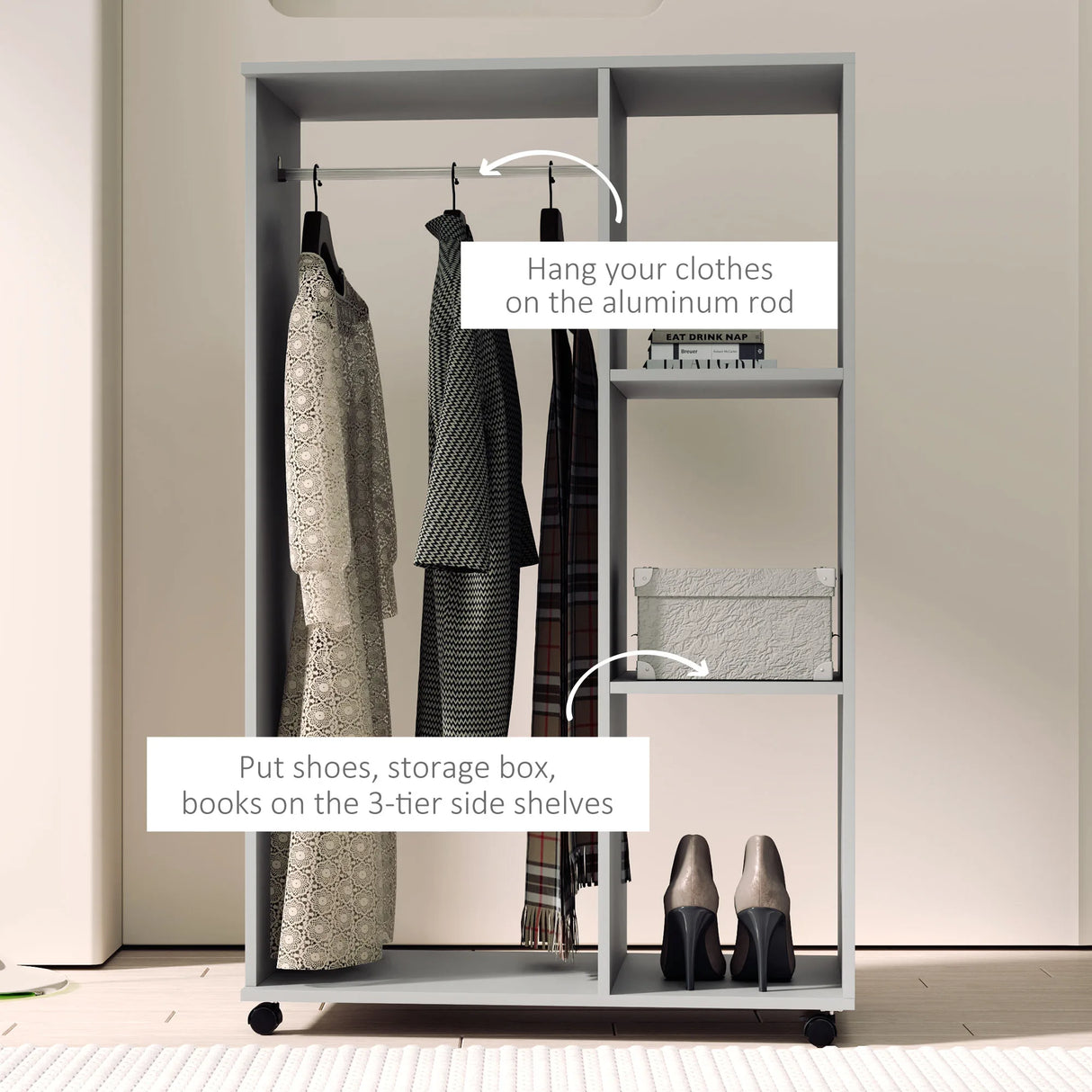 HOMCOM Open Wardrobe on Wheels, Bedroom Wardrobe with Clothes Hanging Rail, 3 Storage Shelves, Mobile Garment Rack for Cloakroom, Hallway, Grey