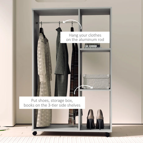 HOMCOM Open Wardrobe on Wheels, Bedroom Wardrobe with Clothes Hanging Rail, 3 Storage Shelves, Mobile Garment Rack for Cloakroom, Hallway, Grey