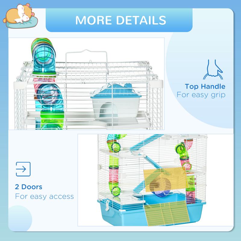 PawHut Hamster Cage w/ Water Bottle, Exercise Wheel, Tubes, Ramps - Light Blue