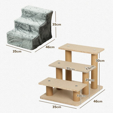 PawHut Three-Step Dog Stairs, with Washable Plush Cover, for High Bed Sofa, Dog Stairs for Small Dog and Cat - Light Grey