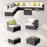 Outsunny 8 Piece Rattan Corner Sofa Set with Wide & Deep Seat, Assembled Aluminium PE Rattan Garden Furniture Set with Thick Cushions and Glass Top Table for Outdoor, Conservatory, Mixed Brown