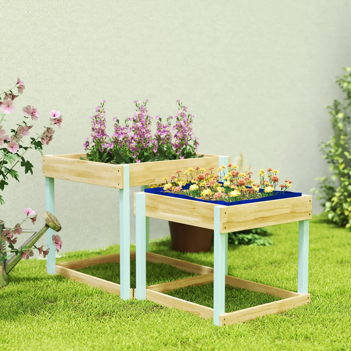 AIYAPLAY 2 PCS Wooden Outdoor Sand and Water Play Tables with Bottom Liner for Kids Aged 3-8 Years Old, Natural Wood Finish