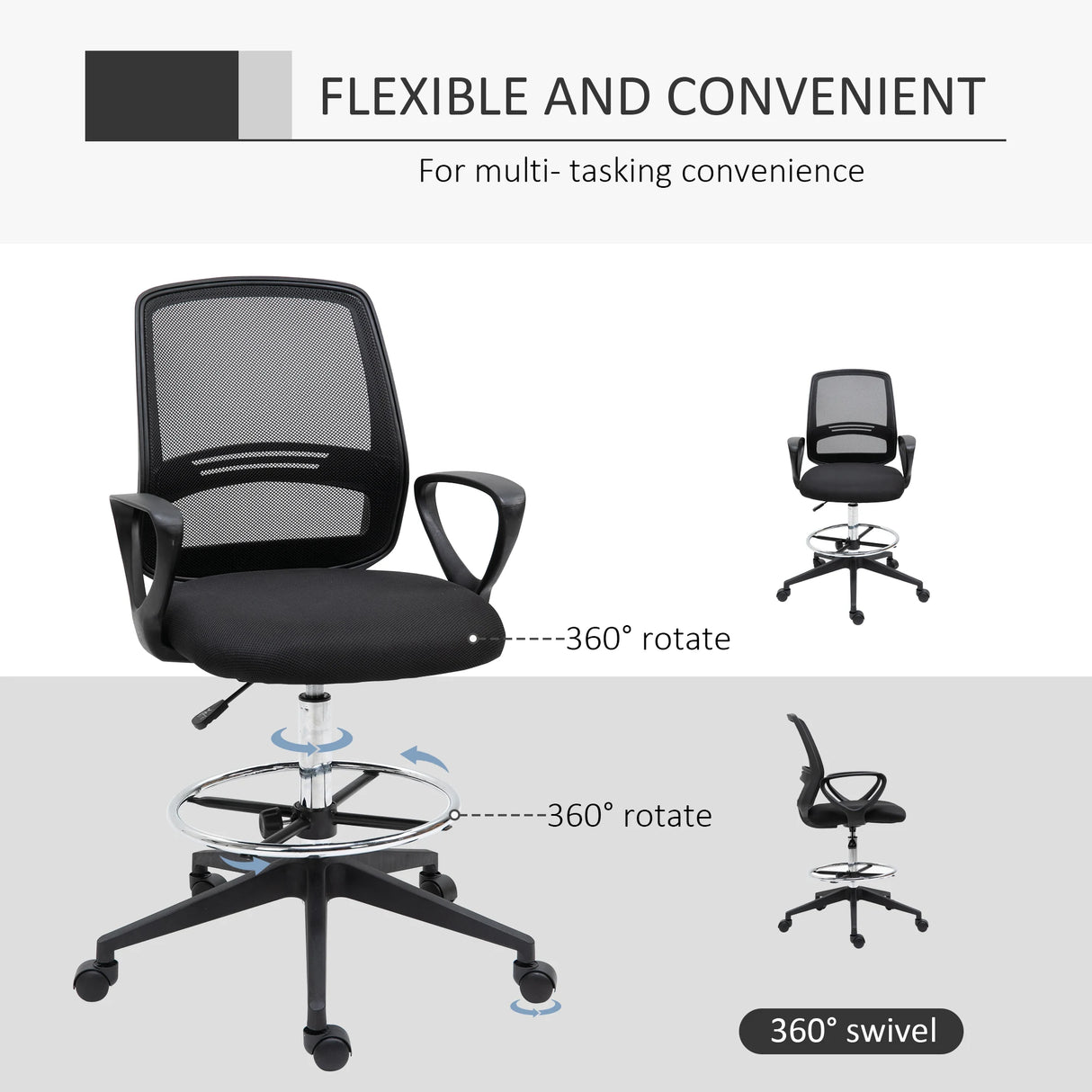 Vinsetto Ergonomic Mesh Back Drafting Chair, Tall Office Chair, Draughtsman Chair with Adjustable Height and Footrest 360 Swivel, Set of 5