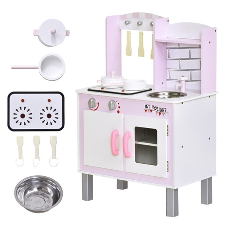 HOMCOM Kids Pretend Kitchen Playset w/ Cooking Toy Accessories - Pink