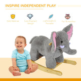 HOMCOM Kids Children Rocking Horse Plush Ride on Animal Wooden Riding Traditional Rocker Gift w/32 nursery rhymes (Grey Elephant)