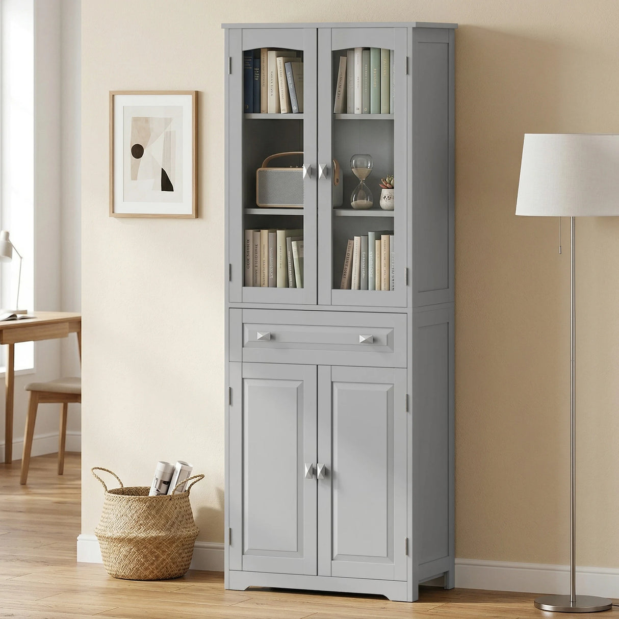 HOMCOM Freestanding Kitchen Cupboard, Storage Cabinet with 2 Adjustable Shelves, Drawer and Glass Door for Living Room, Grey