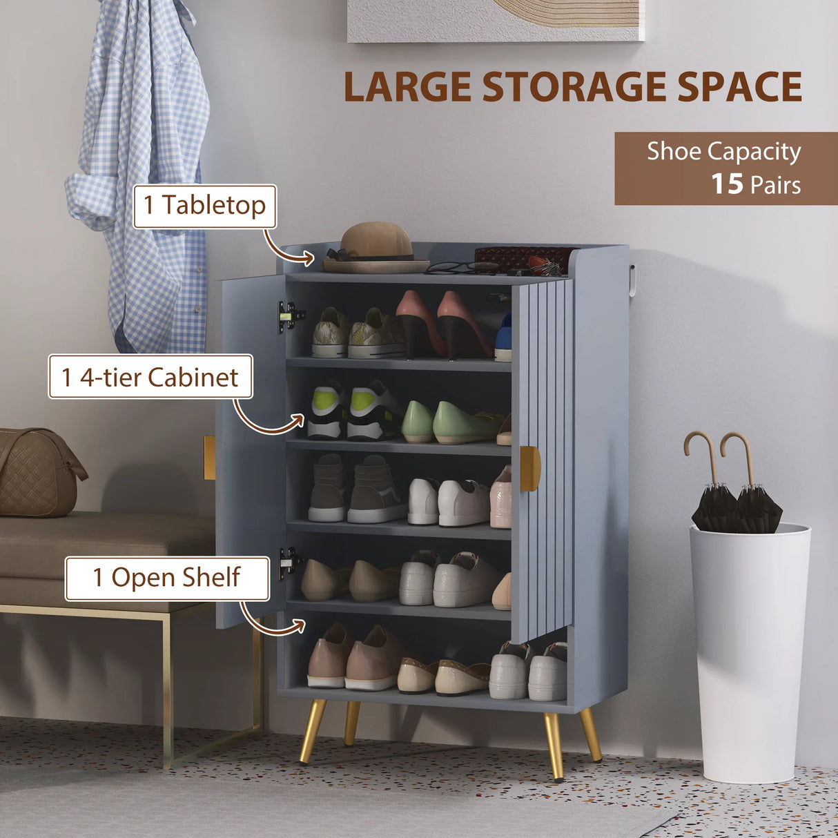 HOMCOM Modern Shoe Cabinet with 2 Doors, Open Shelf and Adjustable Shelves, 15 Pair Hallway Shoe Cupboard, Entryway Storage Unit, Light Grey