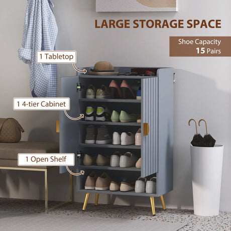 HOMCOM Modern Shoe Cabinet with 2 Doors, Open Shelf and Adjustable Shelves, 15 Pair Hallway Shoe Cupboard, Entryway Storage Unit, Light Grey