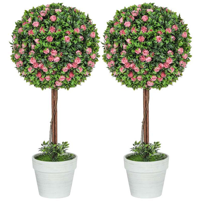 HOMCOM Set of 2 Decorative Artificial Plants, Ball Topiary Tree with Rose Flower in Pot, Fake Plants for Home Indoor Outdoor Decor, 60cm, Pink