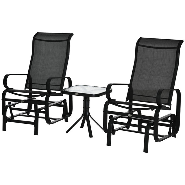 Outsunny 3 Pieces Garden Gliding Chair Set, Metal Frame 2 Single Armchair Swing Seater and 1 Glass Top Coffee Table w/ Breath Mesh Fabric Seat, Black