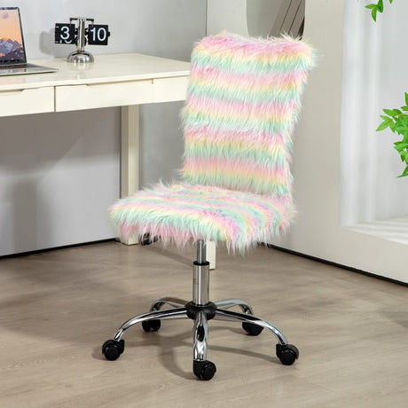 HOMCOM Fluffy Desk Chair, Armless Students Chair, Makeup Vanity Chair with Adjustable Height, Rolling Wheels for Home Study Bedroom, Unicorn Tone