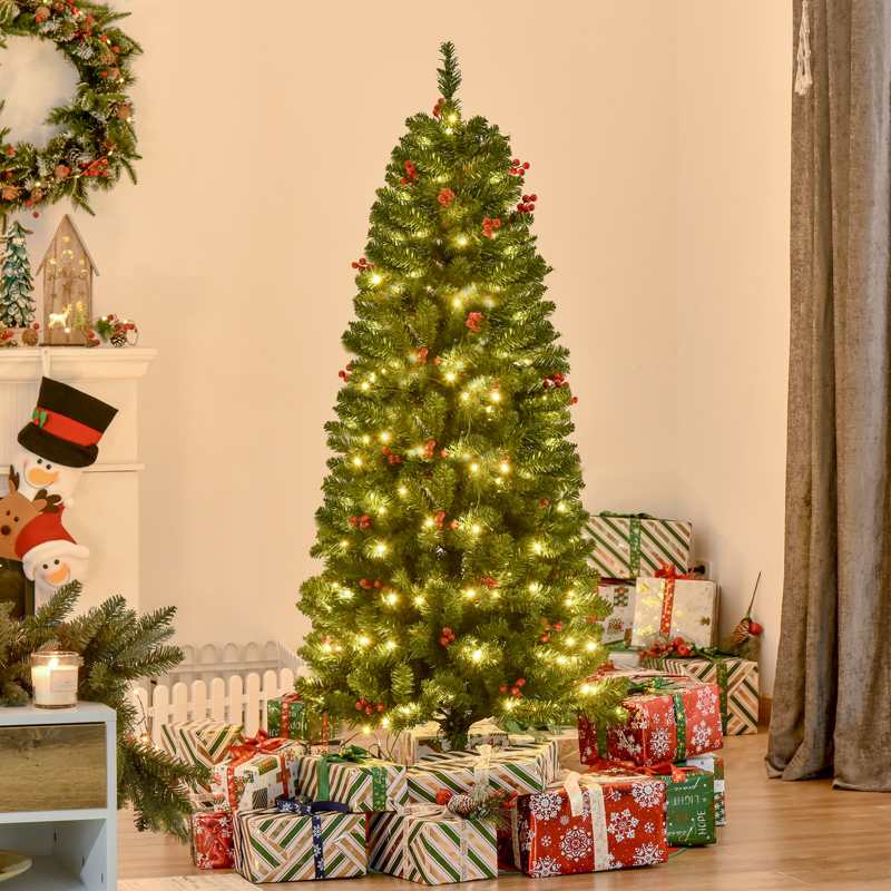 HOMCOM 5FT Prelit Artificial Pencil Christmas Tree with Warm White LED Light, Red Berry, Holiday Home Xmas Decoration, Green