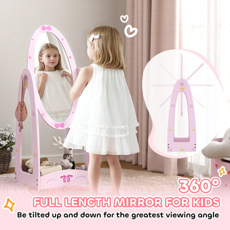 AIYAPLAY Kids Clothes Rail, Kids Dressing Mirror with 360 Rotating, 2 Piece Kids Furniture Set with Storage Shelves, Pink