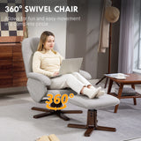 HOMCOM Linen Swivel Recliner Chair with Footstool, Upholstered Reclining Armchair with Wooden Base for Living Room, Light Grey