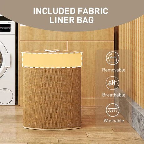 HOMCOM Bamboo Laundry Basket with Lid, 55L Corner Laundry Hamper with Removable Washable Liner Bag, Bathroom Triangle Washing Basket, 35 x 35 x 60 cm, Brown