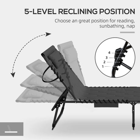 Outsunny Set of Two Sun Loungers, with Five-Position Reclining Backs - Black