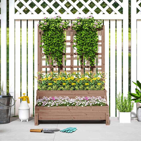 Outsunny 2-Tier Raised Garden Bed with Trellis, Wooden Elevated Planter Box with Drainage Holes, Outdoor Raised Planter for Climbing Plants, Fruits, Vegetables, Flowers, Brown