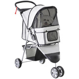 PawHut Dog Stroller, 3 Wheels Foldable Cat Dog Pram with Cup Holder, Storage Basket, Pet Stroller for Small Miniature Dogs, Grey