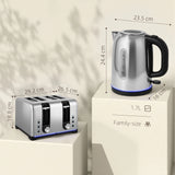 HOMCOM Kettle and Toaster Set, 1.7L 3000W Rapid Boil Jug Kettle with Strix Thermostat, Limescale Filter, 4 Slice Toaster with 7 Browning Controls, Crumb Tray, Silver Tone
