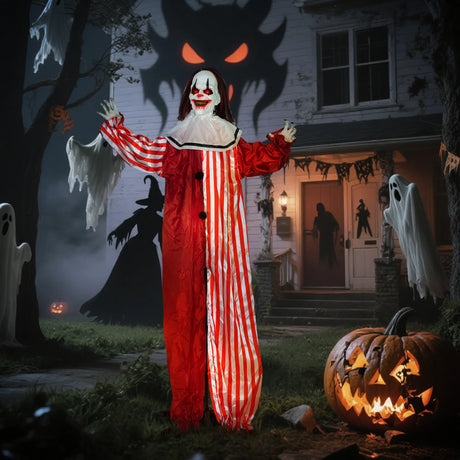 Outsunny 165 cm Life Size Halloween Animated Clown with Red Light Up Eyes, Sound Activated Moving Body, Scary Clown Halloween Decorations, Battery Operated, Indoor Party Props