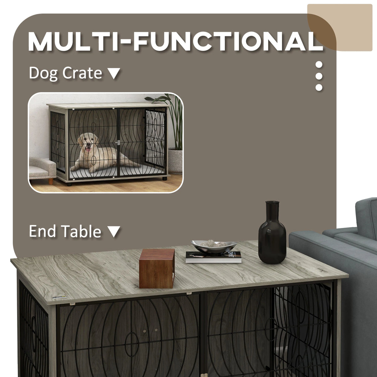 PawHut 46.46'' Dog Crate Furniture End Table w/ Plush Washable Cushion, Lockable Door, for Extra Large Dogs