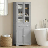 HOMCOM Freestanding Kitchen Cupboard, Storage Cabinet with 2 Adjustable Shelves, Drawer and Glass Door for Living Room, Grey