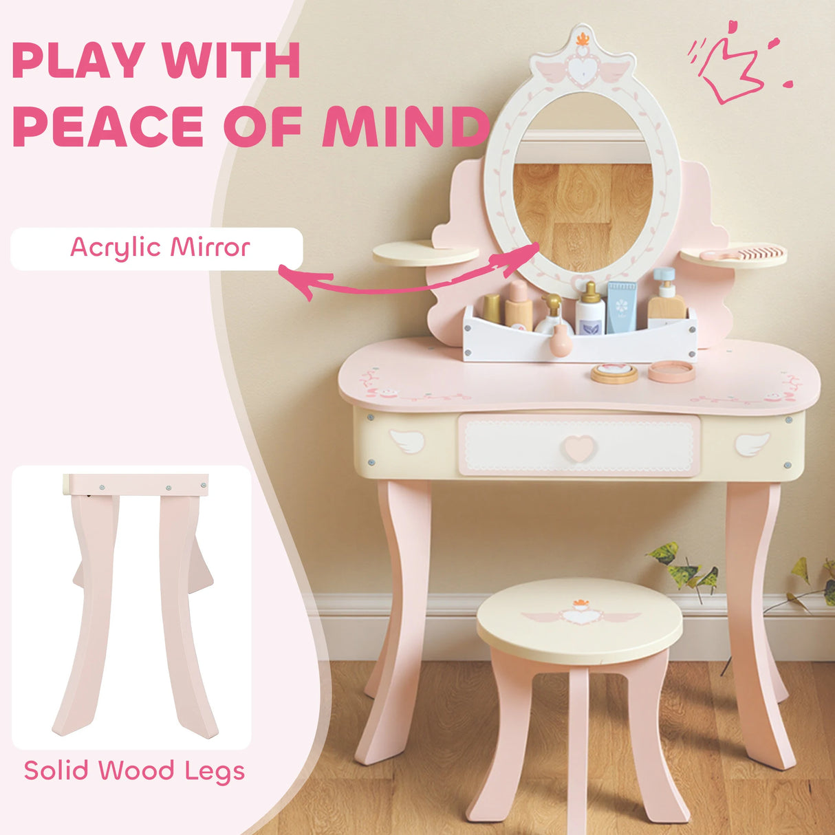 AIYAPLAY Kids Dressing Table, Girls Vanity Set with Mirror and Stool, 7 Play Accessories, Drawer, Desktop Storage, Pink